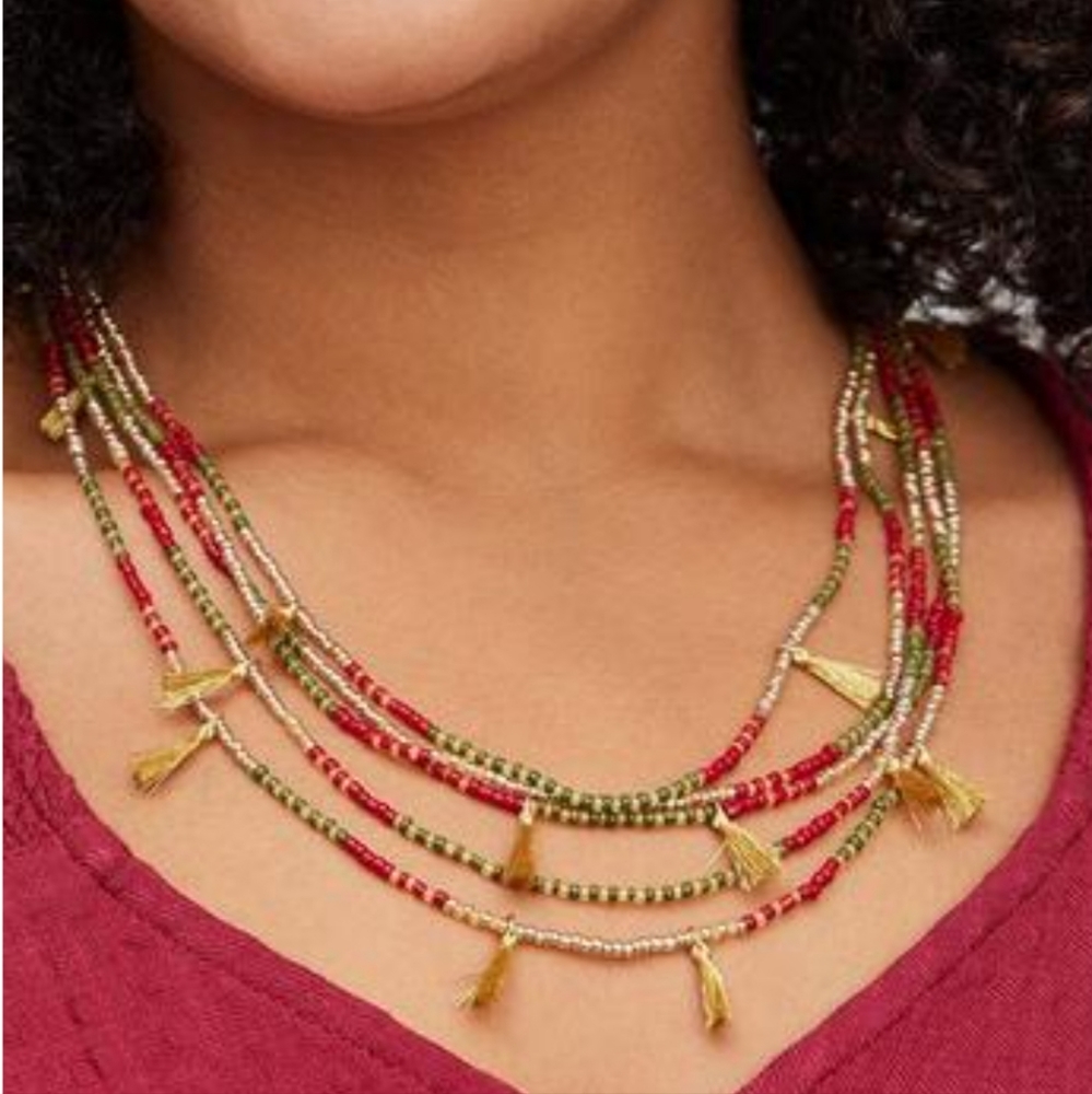 50% off with Bundle Multilayered Beaded Necklace with Tassels - Burgundy & Olive